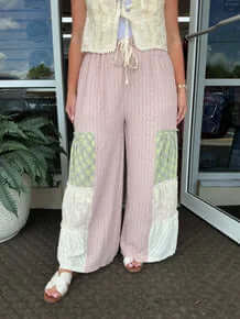 Dusty pink color block tiered pants by Fantastic Fawn, featuring a stylish and comfortable design for a trendy look.