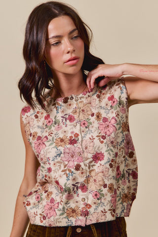 So Me Clay Rose Floral Button Front Sweater Vest Top