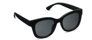 Black wayfarer-style sunglasses with dark polarized lenses and thick acetate frames.
