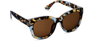 Tortoiseshell and blue quartz patterned round sunglasses with brown polarized lenses.
