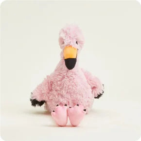 Cute Warmies Flamingo microwavable plush toy for soothing warmth, featuring vibrant pink colors and soft, cuddly texture.