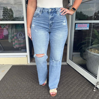 Mica W182 Denim Medium Wash Distressed Knee Wide Leg Jeans on display, showcasing a trendy, relaxed fit and stylish wear.