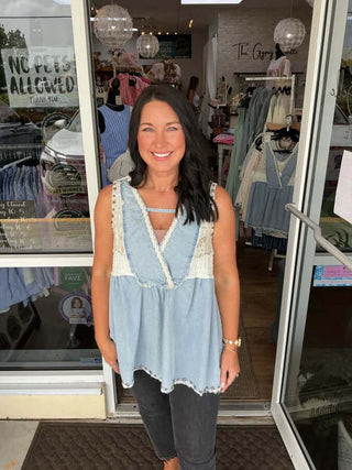 POL Sleeveless Boho Studded Trim Top in two colors, chic final sale item with intricate detailing and a relaxed fit.