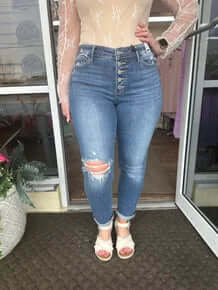 Judy Blue 82664 Boyfriend Button Fly Jeans in medium wash, showcasing casual style and comfort with a classic fit.