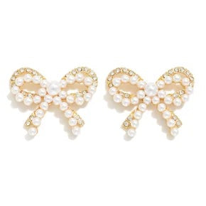 Elegant Pearl and Rhinestone Bow Post Earrings with a sparkling design, perfect for adding a touch of glamour to any outfit.