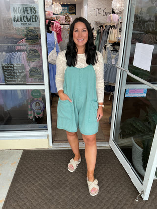 Faded Teal Slvless Mineral Wash Short Jumpsuit Romper Easel