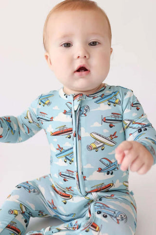 Posh Peanut Bamboo Footie Romper in 'Posh Planes' design, featuring a soft, breathable fabric ideal for babies.