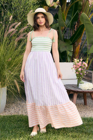 Alt text: "Sherbert Striped Shoulder Tie Maxi Dress - vibrant colors, perfect for summer