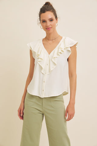 In February Cream Ruffle Slv & Collar VNeck Top