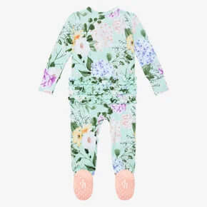 Posh Peanut Erin Ruffled Footie One Piece in pink floral, perfect for stylish and cozy infant wear with button closure.