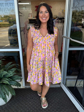 Alt text: "Pink & Yellow Floral Tiered Dress - Final Sale, Lightweight and Flowy Summer Design