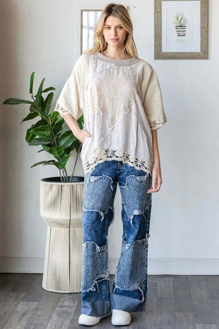 Lavender & Ivory Eyelet Patchwork Boxy Top by Oli & Hali displayed on a mannequin against a white background.