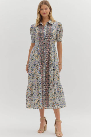 Diamond Floral Pattern Charcoal Accent Midi Dress by Entro – Stylish and elegant midi dress perfect for any occasion.