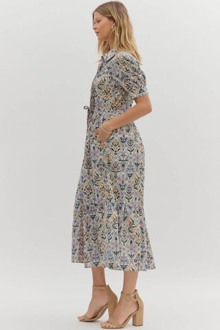 Diamond Floral Pattern Charcoal Accent Midi Dress by Entro - Elegant Women's Fashion