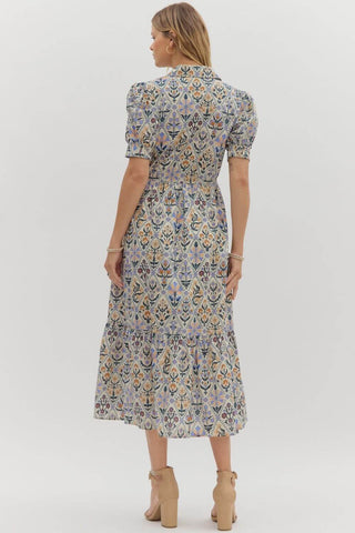 Entro Diamond Floral Pattern Charcoal Accent Midi Dress - Stylish & Elegant, Perfect for Any Occasion