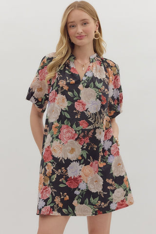 Entro Vintage Floral Black Short Dress w/ Pleated Sleeve