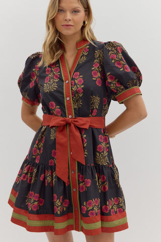Entro Midnight Blue Floral Pattern Short Dress w/ Puff Sleeve
