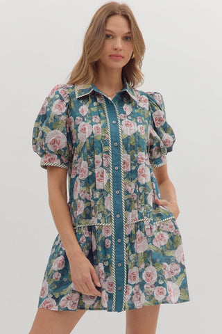 Entro Dusty Teal Floral Print Drop Waist Short Dress