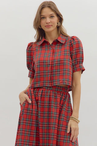 Entro Red Plaid Pleated Skirt w/ Pockets