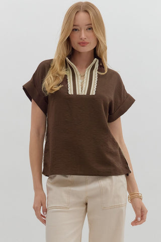 Entro Brown Split Neck Crochet Trim Short Slv Top