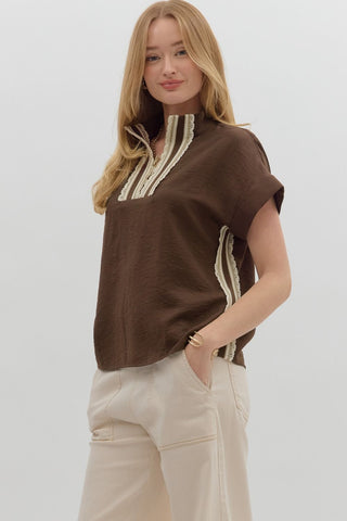 Entro Brown Split Neck Crochet Trim Short Slv Top