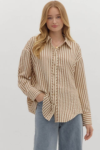 Textured Stripe Long Sleeve Button-Down Shirt in Cream Blue by Entro - Available in 2 Colors, Stylish and Modern Design