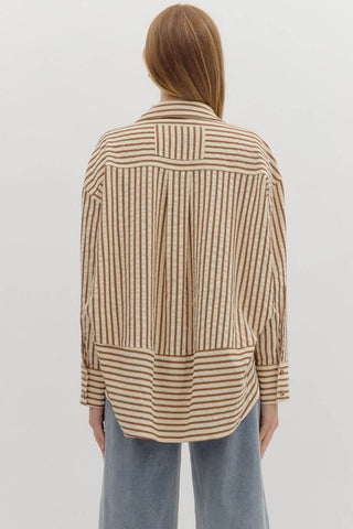 Women's Textured Stripe Long Sleeve Button Down Shirt by Entro in Blue and White. Perfect for casual and office wear.