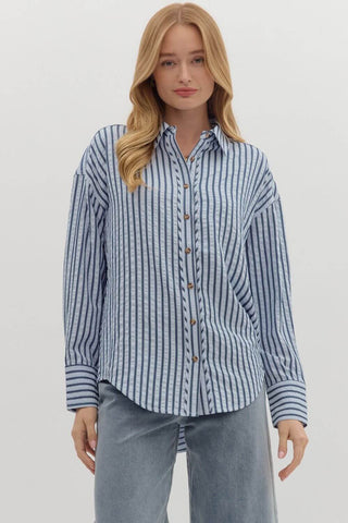 Textured Stripe Long Sleeve Button Down Shirt in Two Colors by Entro, ideal for stylish comfort and versatile fashion.