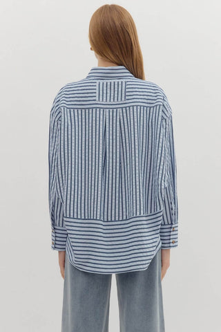Alt text: "Entro textured stripe long sleeve button-down shirt in two colors on hanger