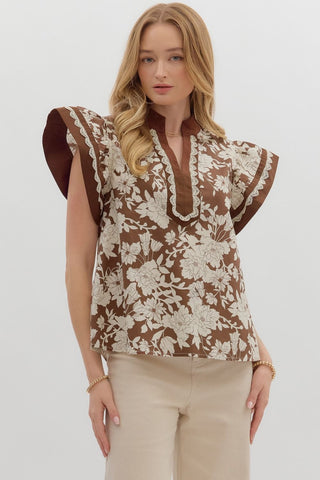 Entro Brown Floral Flutter Sleeve Top w/ Contrasting Band & Lace Trim