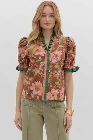 Entro Brown Floral Top w/ Green & Peach Accent Trim