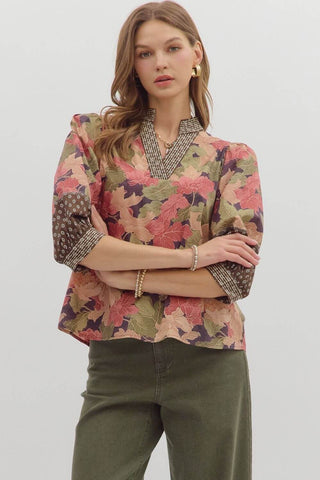 Entro Brown Floral Print Top with Embroidered V-Neck Band and Sleeves – Stylish, Chic Women's Fashion Top.