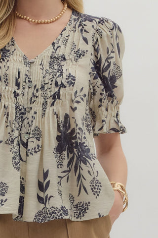 Entro Ivory & Navy Floral Smock Pintuck Top