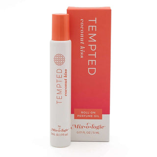 TEMPTED Coconut Kiss Mixologie Rollerball Perfume with sleek design and tropical scent in attractive packaging.