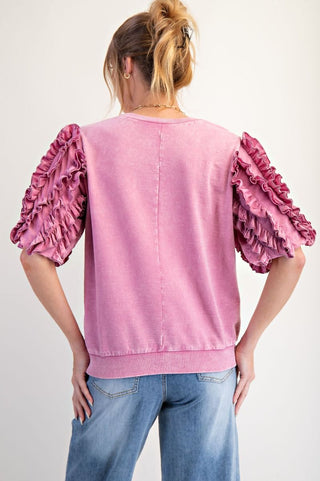 Easel Orchid Ruffled Bubble Sleeve Top