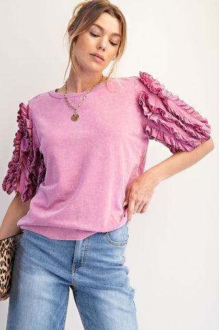 Easel Orchid Ruffled Bubble Sleeve Top