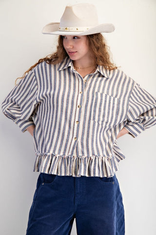 Easel Striped Linen Ruffle Hem Button Down Top (2 COLORS)