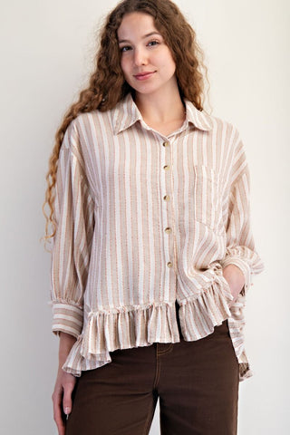 Easel Striped Linen Ruffle Hem Button Down Top (2 COLORS)