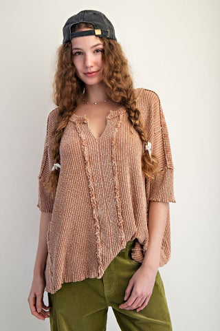 Easel Top Short Slv Texture Rib Oversize (2 COLORS)