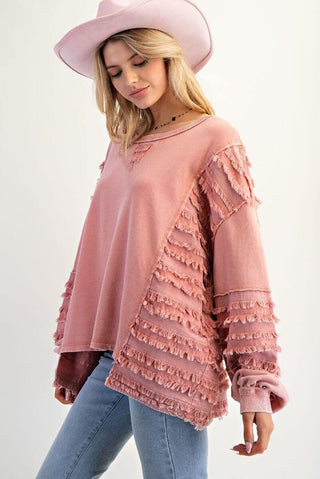 Easel Long Sleeve Fringe Top - Washed Terry Stripe, Oversized in Dusty Rose: Unique Style in 3 Colors