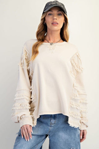 Easel Long Sleeve Washed Terry Fringe Stripe Contrast Oversized Top in 3 Colors – Front View