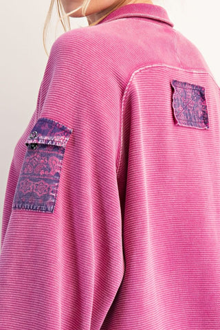 Easel Rib Knit Orchid Mineral Wash Pullover Top w/ Inidgo Accents
