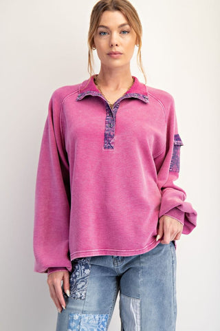 Easel Rib Knit Orchid Mineral Wash Pullover Top w/ Inidgo Accents