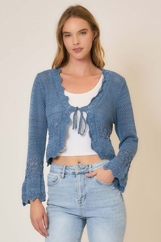 Women's Crochet Knit Front Tie Cardigan Sweater in Beige from Cozy Co, available in two colors, perfect for a cozy fall look.