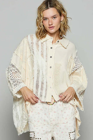 Alt text: "POL Natural Ivory Mixed Fabric Oversized Top with textured details and relaxed fit on display.