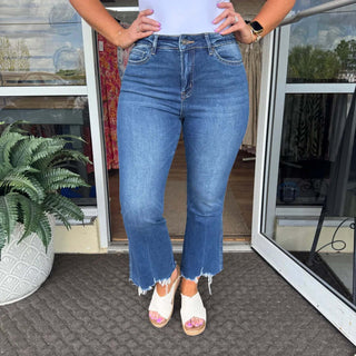 Mica F388DK Denim Dark Wash High Rise Cropped Flare Jeans - Non-Distressed, Stylish and Comfortable Women's Fashion.