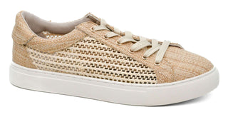 Corkys Keep Scrolling Natural Raffia Sneaker on white background, showcasing woven texture and stylish design.