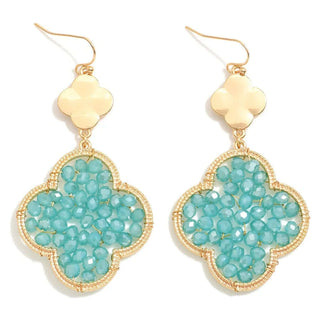 Aqua wire wrapped beaded clover drop earrings with intricate design and shimmering aqua beads, perfect for elegant outfits.