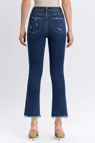 Vervet T5414 dark wash high-rise ankle kick flare jeans with front and back pockets, styled for a trendy casual look.