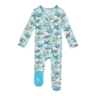 Soft and stylish Posh Peanut Bamboo Footie Romper in Posh Planes print, perfect for cozy and trendy baby wear.